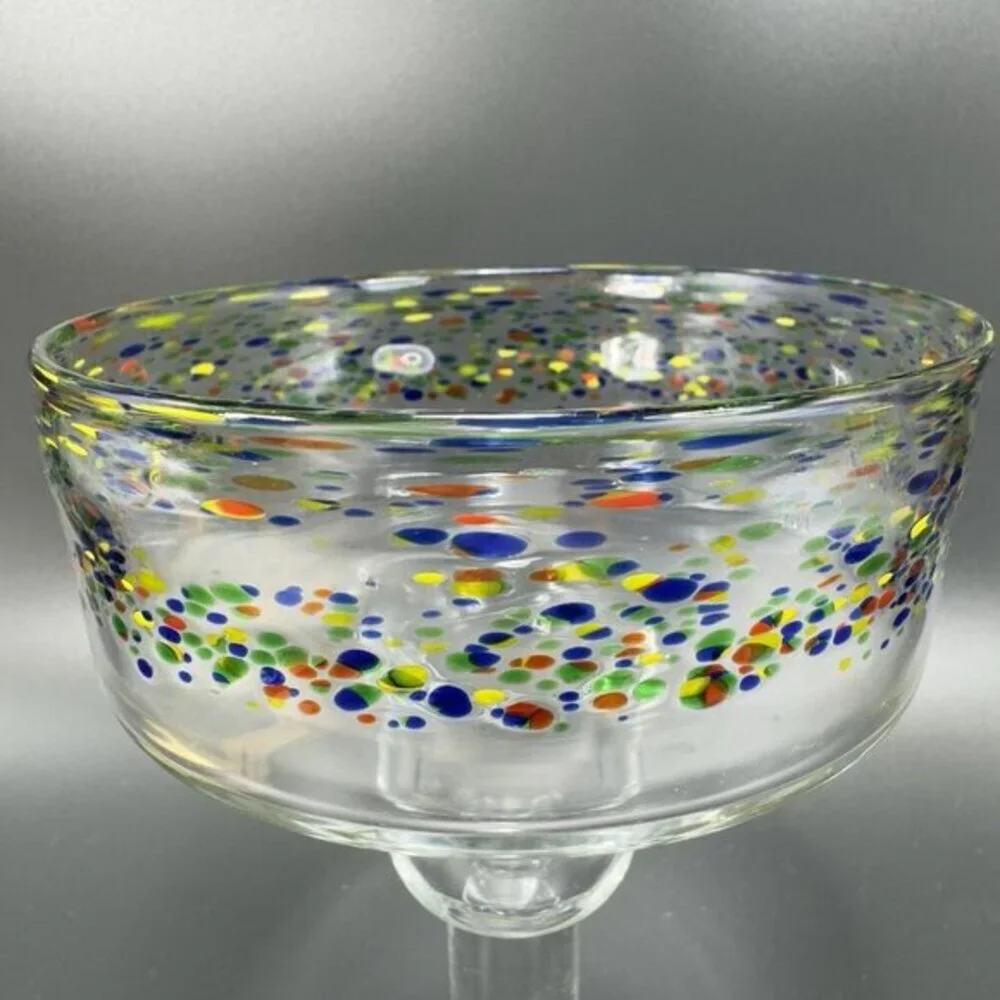 Mexican Blown Glass Margarita Glasses Cups Set 2 Clear With Multicolor Spots VTG